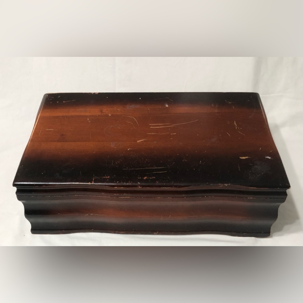 Vintage Wooden Jewelry Box with Brown Velvet Interior.20”LX12”W - Picture 4 of 6